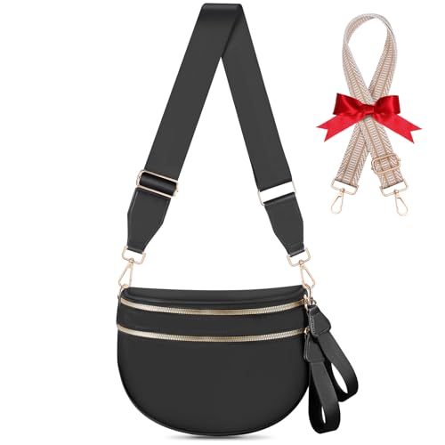 X-KIDS Checkered Crossbody Bag Bum Bags for Women Large Nylon Checkered Purse Fanny Packs Sling Bag, Bonus with a Extra Strap (Black)