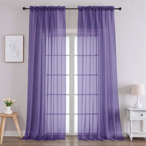 Image of Purple Bedroom Curtains 2 Panel Sets 96 Inch Length, 59 Inch Extra Wide Light Filtering Voile Drapes Light Airy Window Drapes for Patio Door Living Room Bedroom Dining, 59Wx96L Inches