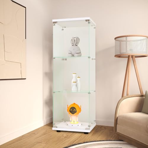 FOERPL Vetrina in Vetro, Collezione con Porta, Armadietto con Serratura, Mobile Soggiorno Bar (3 Piani, Bianco)