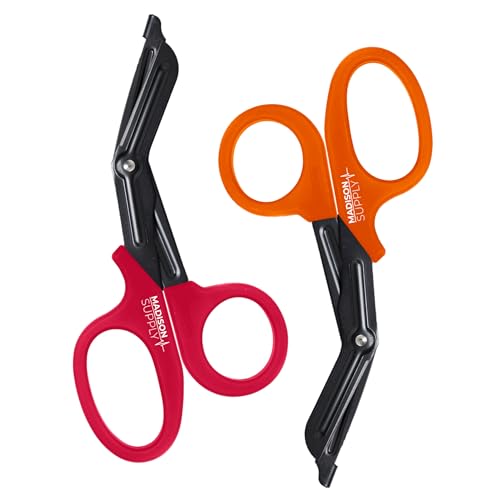 Image of Madison Supply Medical Scissors, EMT and Trauma Shears - 7.5 Inch Quality Stainless Steel Bandage Scissors - Fluoride-Coated with Non-Stick Blades - 2 Pack (Orange /Red)