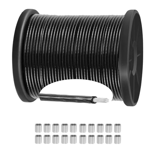 JAHOMFAI Drahtseil Edelstahl Schwarz Ummantelt 100m Rankhilfe Stahlseil Kit, Geeignet für die Aufhängung von Außen-Lichterketten und Gartenanwendungen, inklusive 100 Aluminium-Quetschhülsen