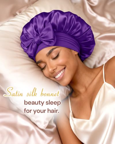 Image of BONNET QUEEN Double Layer Silk Bonnet for Sleeping for Women Satin Lined Bonnet Night Cap for Curly Hair with Tie Band,Purple