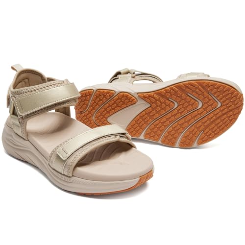 BEMIRO Womens Orthopedic Walking Sandals Comfortable Arch Support Plantar Fasciitis Relief Chunky Cushion Summer Outdoor Hiking Sport Recovery Shoes with Leather Adjustable Strap, Gold 8.5