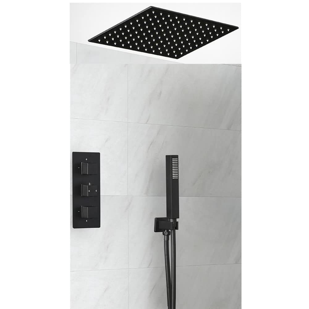 Milano Black Preto Thermostatic Mixer Valve 400Mm Square Recessed Rainfall Shower Head Handset