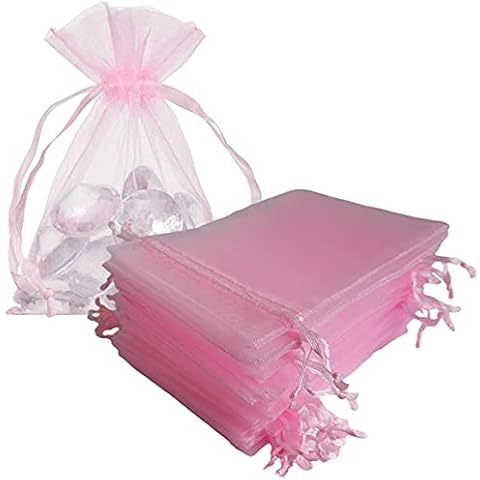 Gmnosuw Sets of 50 Organza Drawstring Gift Bags for Jewelry,Bracelets,Sheer Fabric 4x6 Inches Mesh Pink Bulk Packaging Decoratedsachet for Baby Shower,Christmas,Birthday,Graduate Party Favors,Wedding Cover