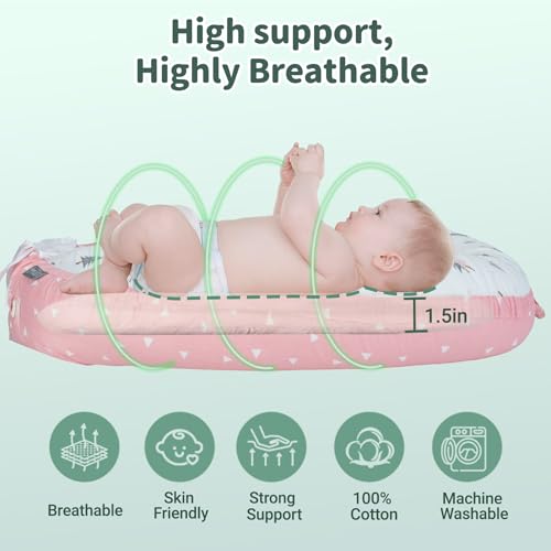 Image of Infant Support Cushions | Baby Lounger | Cotton Infant Lounger | Reversible Adjustable Portable Floor Lounger | Supervised Awake Only No Sleeping | Soft Breathable Washable Cover (Pink)