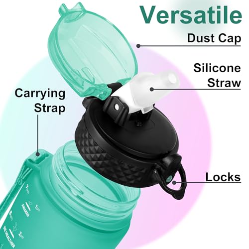 GOPPUS 500ml/17oz Kids Water Bottles with Straw Tritan Childrens Bottle with Flip Top Lid BPA Free Measured Drinks Bottles with Strap for School Girls Boys Sports Reusable Time Markings Leakproof