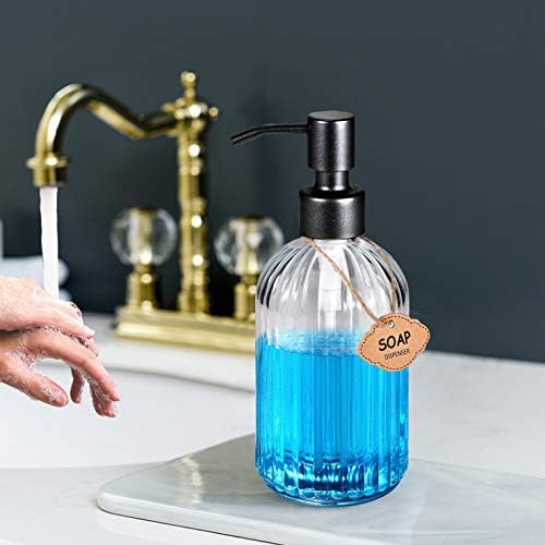 Soap Dispenser (2 Pack)-15oz Vertical Striped Dish Soap Dispenser with Rust Proof Stainless Steel Pump, Refillable and Premium,Ideal for Hand Soap, Shampoo Lotion ,Conditioner,Essential Oil (Black)