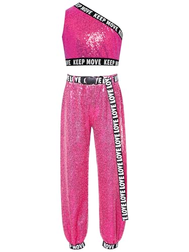 MSemis Completi Sportivi da Danza Moderna Jazz Hip Hop Bambine Ragazze Tute da Ginnastica Ballo di Strada Crop Top Monospalla Paillettes Canotte + Pantaloni con Cintura Rosa caldo 7-8 anni