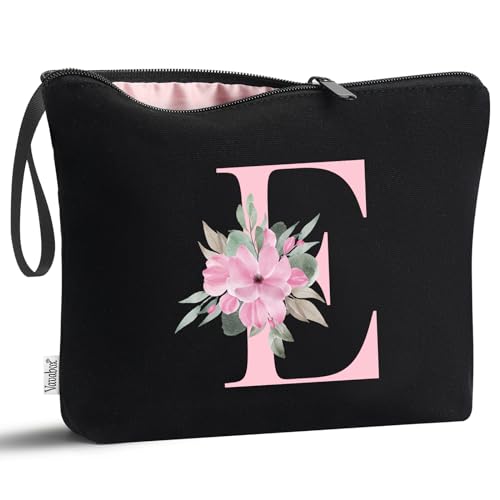Image of Vavabox A-Z Personalized Makeup Bag, Birthday Gifts for Women Mom, Gifts for Best Friend, Bride Bridesmaid Cosmetic bag (E, 02-Black)