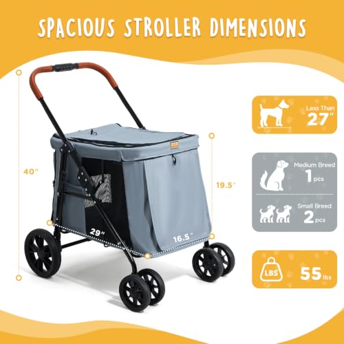 Image of CANINE CANYON Scout Pet Stroller, Heavy Duty Dog Stroller for Large & Medium Dogs, Foldable Pet Stroller for 2 Dogs with All-Terrain Wheels, Storage Pocket & Cup Holder, 55 lbs Capacity, Grey