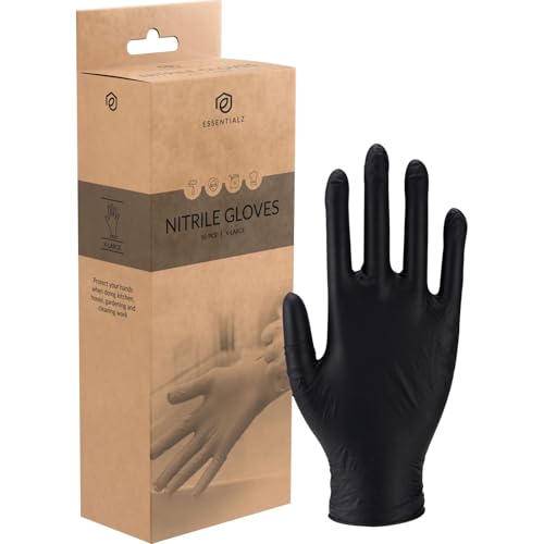 Image of Essentialz Black Nitrile Disposable Gloves, XLarge, Pack of 50, Latex-Free, Powder-Free, Food Safe, CE Certified, Extra Soft & Elastic for Cleaning, Cooking, Tattoo & Salon