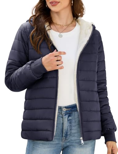 CMTOP Chaqueta Mujer Corta Ligera, Forro Polar Cálido Chaqueta Acolchada, Resistente al Agua y al Viento Parka de Manga Larga Con Capucha y Bolsillos para Invierno Primavera Otoño(Azul Marino,L)