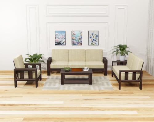 Image of Sheesham Wooden 6 Seater Sofa Set for Living Room | Rosewood 6 Seater Cushion Sofa Set for Home & Office | Solid Wood Sofa for Lounge (Walnut, 3+2+1 Seater)