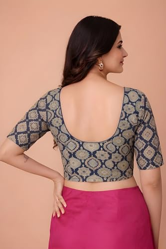 Image of Amazon Brand - Anarva Women's Kalamkari Print Cotton Stretchable Round Neck Readymade Saree Blouse