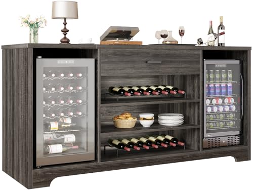 HSH Large Coffee Bar Cabinet with Wine Mini Fridge Space, Farmhouse Long Liquor Cooler Cabinets with Drawer Storage Rack, Modern Wood Metal Big Sideboard Buffet for Kitchen Dining Room, Gray, 70 Inch