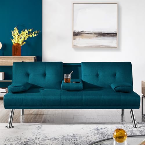 Yaheetech Klappbares Schlafsofa Couch Sofa mit Schlaffunktion Bettsofa mit Großer Liegefläche von 167 cm L × 94 cm B fürs Wohnzimmer/Schlafzimmer/Heimkino/Gästezimmer Blau