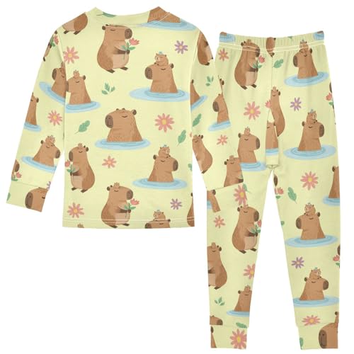 Pajama Sets Long Sleeve Cute Capybara with Flowers Soft Comfy Sleepwear 2 Piece PJS 3-8T3