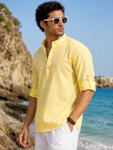 Image of Majestic Man Men's Pure Cotton Solid Mandarin Collar Slim Fit Roll-Up Sleeves Short Kurta Lightweight Summer Kurta for Daily & Occasion Use