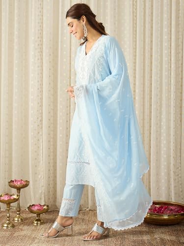 Image of INDO ERA Women's White Viscose Rayon Straight Embroidered Kurta