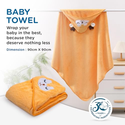 Image of Mee Mee Hooded Baby Bath Towel for New Born | Wash Cloth, Quick Absorbent, Can be Used for Baby Swaddling, Extra Soft Cotton Towels for Kids /Toddlers /Infants /Babies, Pack of 1, (Orange Sheep) 80X80 CM
