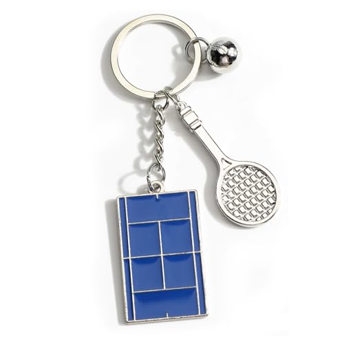 MUCOOS Tennis Keychain,Blue Tennis Court Keychain with Racket Charm,Birthday Gift for Players Fans Women Men