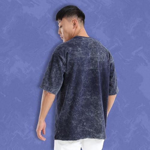 Image of fanideaz Mens 240 GSM Heavy Cotton Acid Wash Oversize T-Shirt Half Sleeve Round Neck Drop Shoulder Oversize Fit