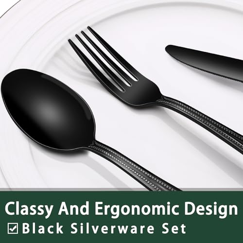 Image of EWFEN 24-Piece Black Silverware Set with Steak Knives, Black Flatware Set for 4, Food-Grade Stainless Steel Tableware Cutlery Set, Mirror Finished Utensil Sets for Home Restaurant, Pearled Edge