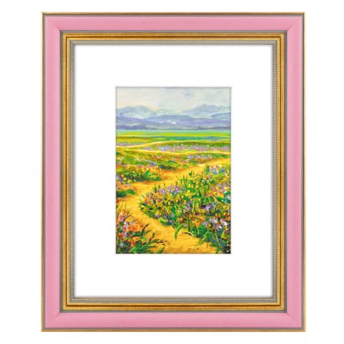 Image of Golden State Art,8x10 Ornate Picture Frame Holds 5x7 Photo,Pink Gold | Includes real glass front,white mat,easel stand,build-in hangers and buttons.Displays 5x7 photo on wall or tabletop
