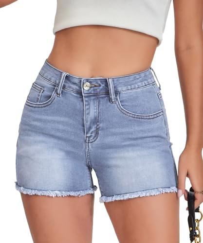 Image of VIPONES Women Mid Rise Jeans Shorts Frayed Raw Hem Summer Stretchy Casual Denim Shorts