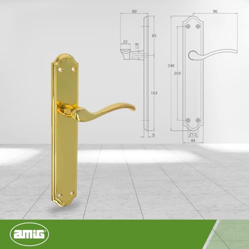 Miniatura 7 de Amig - Juego De Manillas Con Placa - 248 X 44 Mm - Fabricado En Zamak - Acabado Dorado - Incluye Tornillos Pasantes Antirrobo Y Accesorios De Fijación - Para Puertas De Interior