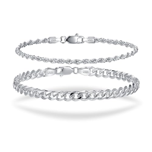 2Pcs 6mm S925 Sterling Silver Cuban Link Chain Bracelets for