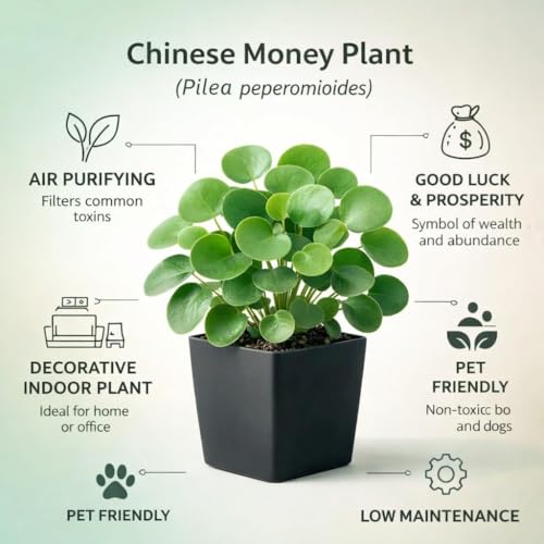 Image of Live Chinese Money Plant (Pilea Peperomioides) Indoor Lucky Plant in Pot | Round Coin-Shaped Leaves | Air Purifying & Low Maintenance Decorative Plant for Home, Office & Balcony