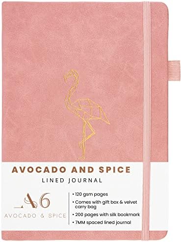 Notebook A6 Pink Notebook by Avocado and Spice®  A6 Small Notebooks - Pink Flamingo Cute Notebook - Bookmark, Elastic Strap, Pen Holder, 200 Thick Pages with Gift Box & Velvet Bag (Pink, Lined)