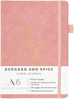 Notebook A6 Pink Notebook by Avocado and Spice®  A6 Small Notebooks - Pink Flamingo Cute Notebook - Bookmark, Elastic Strap, Pen Holder, 200 Thick Pages with Gift Box & Velvet Bag (Pink, Lined)