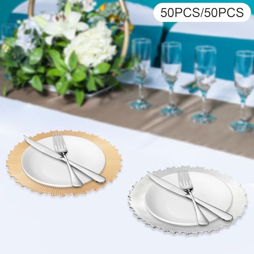 50 platos cargadores redondos de plástico 13" plata miniatura 7