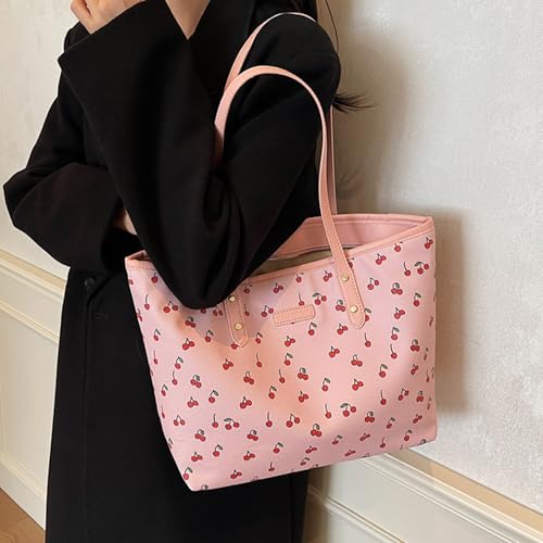 Tote Bags for Women Faux Leather Cherry Print Shoulder Bag Cute Floral Purse Trendy Tote Handbags for Travel Work2