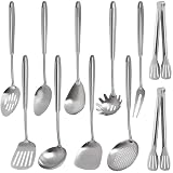 Picture of 304 Stainless Steel Kitchen Utensils Set - 11 PCS All Metal Cooking Tools & 15″ Serving Utensils Set, Meat Fork, Tongs, Turner, Pasta, Serving Spoon, Skimmer, Ladle, Spatula Spoon Set
