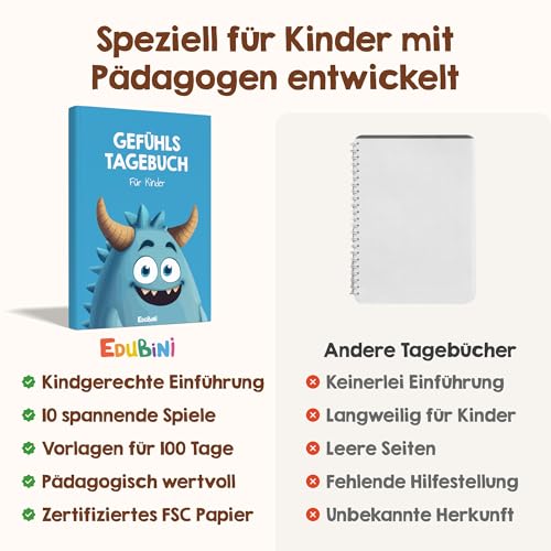 Edubini Gefühlstagebuch Kinder [6-12 Jahre] - Tagebuch Mädchen & Jungs - Gefühle Buch für Umgang mit Emotionen und ein gutes Gefühl, Dankbarkeitstagebuch für Kinder (inkl. 10 Spiele) (blau)