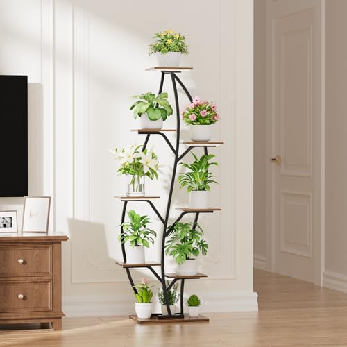 Image of Plant Stand Indoor with Grow Lights - Lighted Indoor Plant Shelf, 63 inch 8 Tier Corner Plants Stands for Indoor Growing, Leaf-Shaped Tall Flower Display Shelves Holder for Living Room, Bedroom, Black