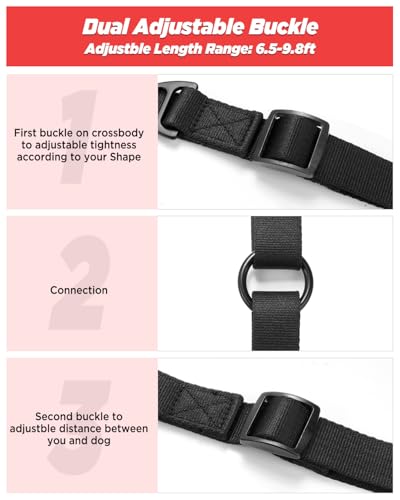 Freihändige Hundeleine für alle Formen, 2-3 m, doppelt verstellbare Schnalle, Crossbody mit gepolstertem Griff, für 1 oder 2 mittelgroße/große Hunde, 8-50 kg, Schwarz
