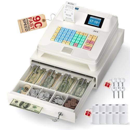 PYY Cash Register for Small Businesses - Commercial Electronic Caja Registradora para Negocio with White Medium Locked Cash Drawer Box, 8 Digital Dual Display System Restaurant Supermarket