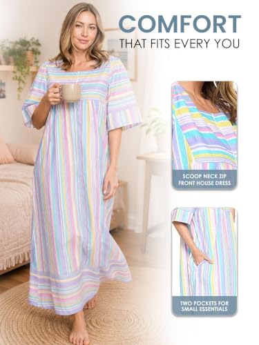 Image of Casual Nights Women's Zip Front Woven House Dress | 3 /4 Sleeves Housecoat Long Duster Lounger