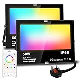 Lighting master LED Floodlight 50W 5000LM, Smart RGB Flood Lights Outdoor with APP Control, Colour Changing + Warm White, Timing - Scene - Garden Lighting, IP66, UK Plug 2 Packs
