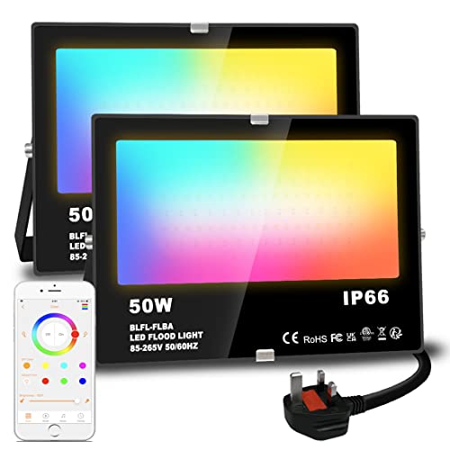 LED Floodlight 50W 5000LM, Smart RGB Flood Lights Outdoor with APP Control, Colour Changing + Warm White, Timing - Scene - Garden Lighting, IP66, UK Plug 2 Packs