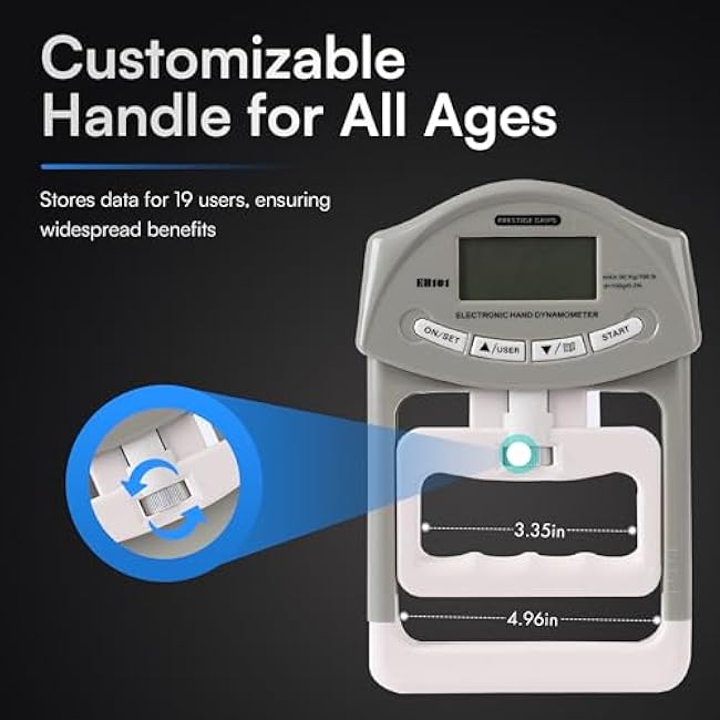 Grip Strength Tester - Hand Strengthening Device With Precision Sensors & Adjustable Handle - Hand Dynamometer Fits Most Hands - 90 Kgs/198 Lbs. Max Power Reading - For Home - Sports - Rehab & Clinical Use