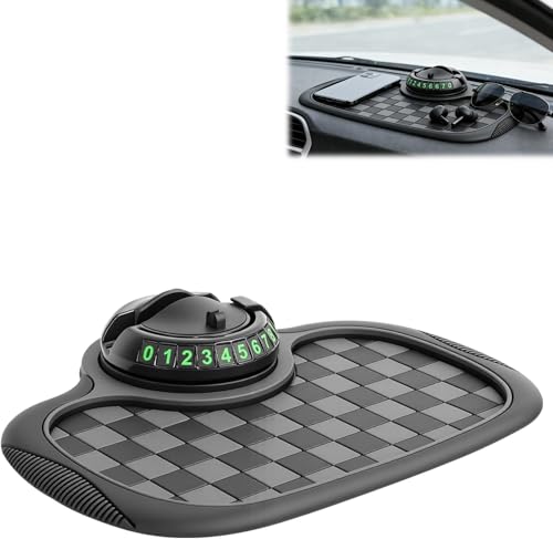 Multifunction Car Anti Slip Dashboard Mat with 360° Rotatable Phone Holder, Temporary Parking Number, Organizer for Phone Sunglasses Keys (Black)