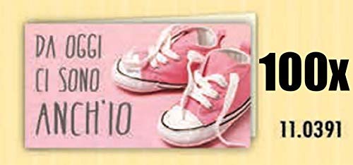100 Bigliettini Bomboniera Nascita Bambina Rosa - 'Da Oggi Ci Sono Anch'io' Con Scarpine