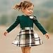 Toddler Girl Plaid Outfits Fall Winter Dress Knit Ribbed Bow Sweatshirt Tops and Button Fashion Skirts Set（Green,3T
