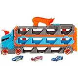 Der riesige Sattelschlepper lässt sich beim Spielen anschieben und dient gleichzeitig als Aufbewahrung für bis zu 22 Fahrzeuge (separat erhältlich); Und das 3 in 1 Spielzeug verwandelt sich in eine mehr als 180 cm lange Rennstrecke mit Doppelstarter für spannende Wettrennen